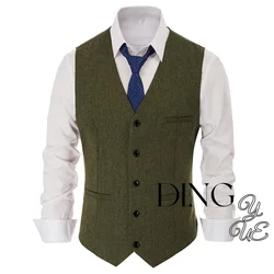 Men's Western Herringbone Tweed Suit Vest Wool Blend V Neck Slim Fit Waistcoat