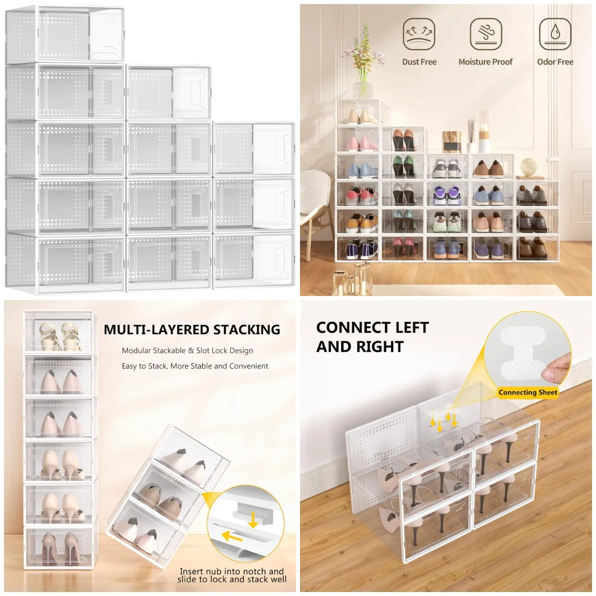 

12-Pack Large Clear Plastic Shoe Organizer Boxes, Stackable Closet Storage with Lids, White