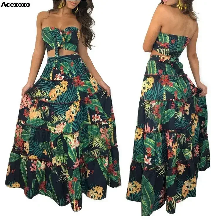 

2023 summer new women's fashion casual classic print sleeveless waist black beach dress two-piece set