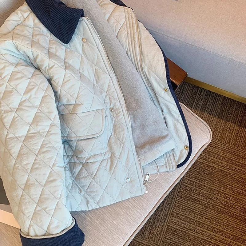 سترة قطنية ذات طية صدر السترة متباينة كلاسيكية للنساء للخريف والشتاء بسحاب ملابس مبطنة غير رسمية معاطف مخملية دافئة وخفيفة الوزن أنيقة #5