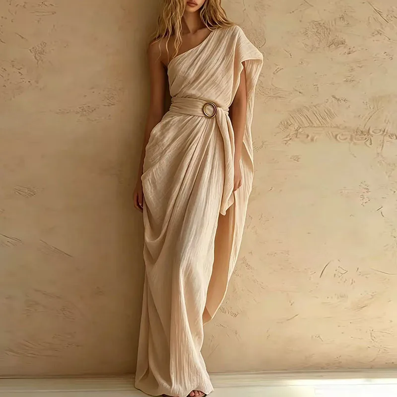 Women Crinkle Texture Solid One Shoulder Maxi Dress Draped Wrap Belted Waist With Ring Buckle Flowy Robe Summer Holiday Sundress - view 2