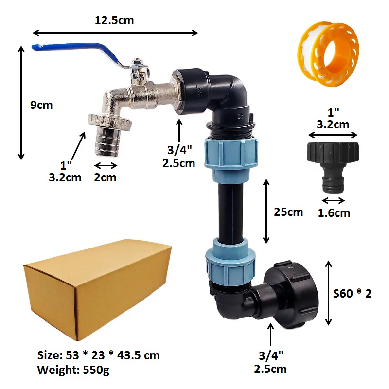 Coarse tooth single barrel height increase iBC ton barrel adapter with 3/4x1 zinc alloy faucet set