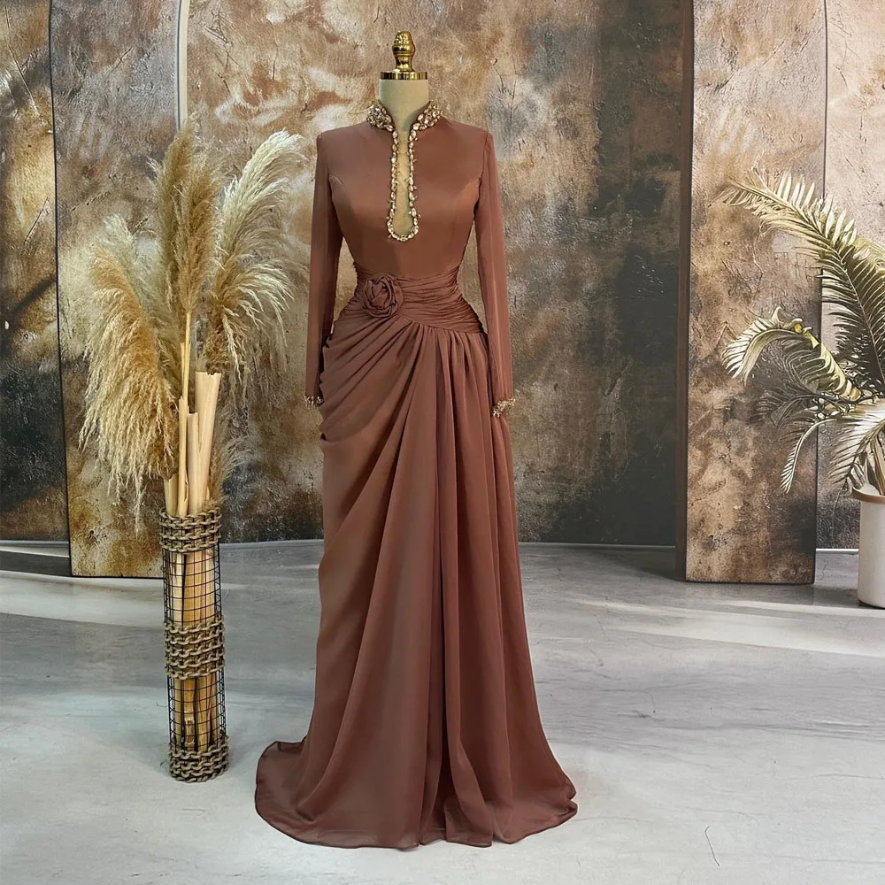 

Customized Modest Abaya Style Evening Gown Beaded High Neck Chiffon Formal Dress Draped Long Birthday Party Dresses