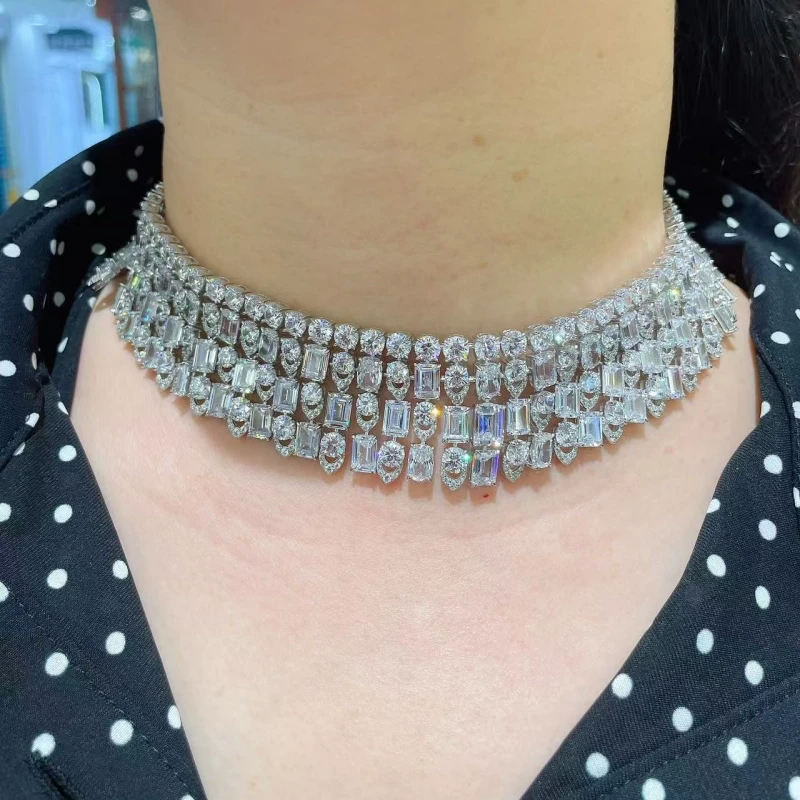 Bellux necklace choker 925 sterling silver red and white gemstones fashionable luxury party wedding jewelry for women