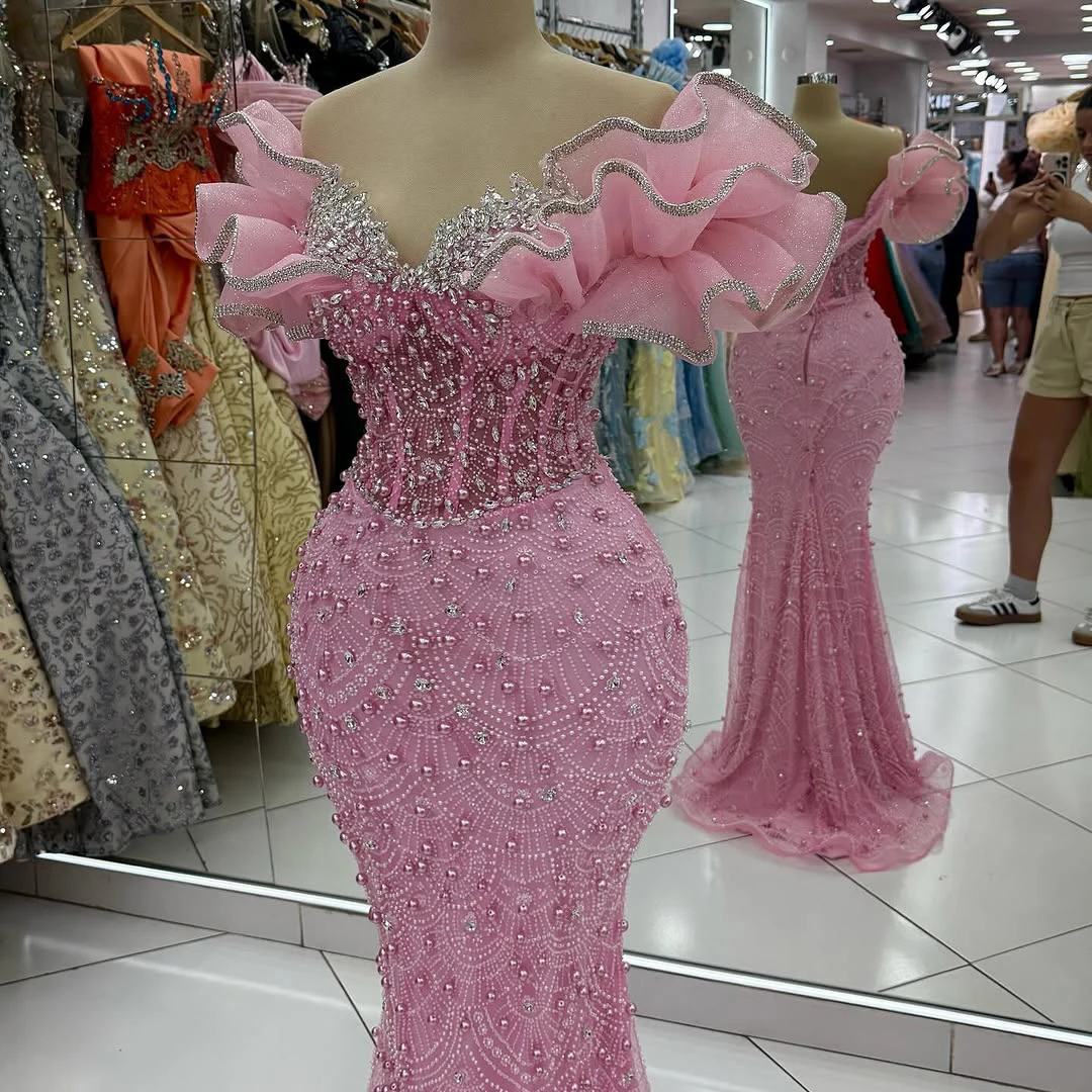 Abito da sera con perline rosa monospalla design onda di cristallo pieghe abito a sirena occasioni formali come banchetti palle