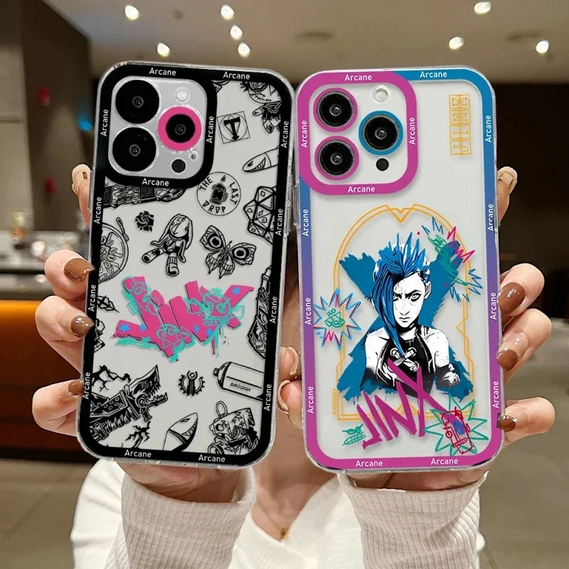 Anime Game Arcane Jinxs Phone Case For IPhone 15 Pro Max 14 11 12 13 Mini XR XS 7 8 6 6S Plus SE 2022 Transparent  TPU Cover