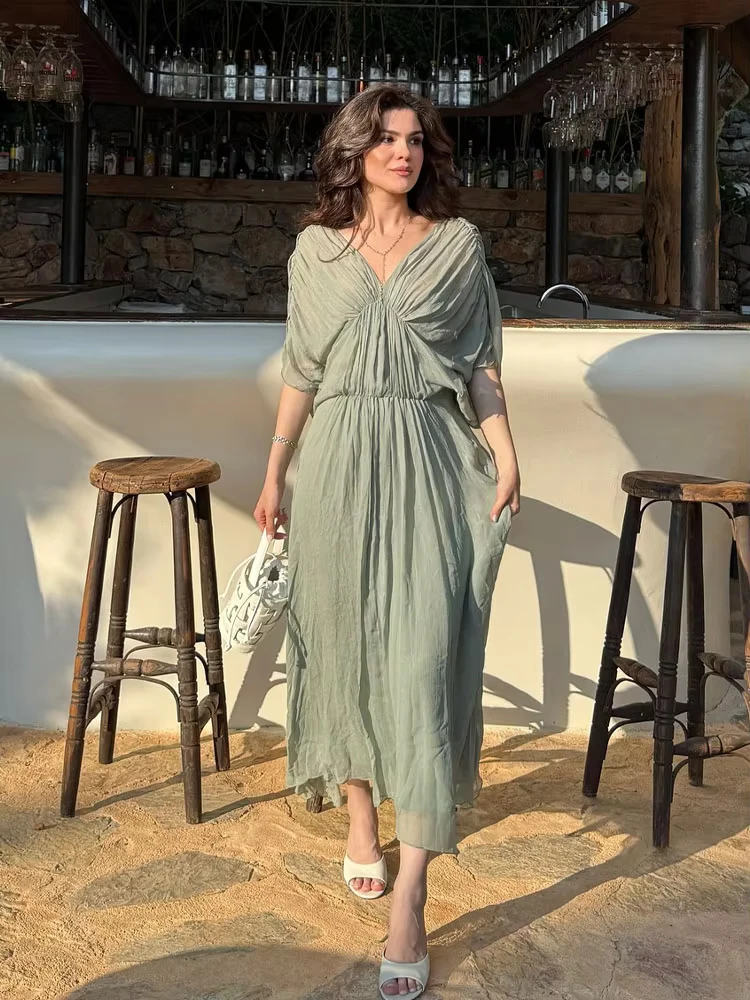 

HH Women's Fashion V-neck Button Decoration Short Sleeve Mid Dress Female Summer Elegant Backless Pleated Sexy Long Dress