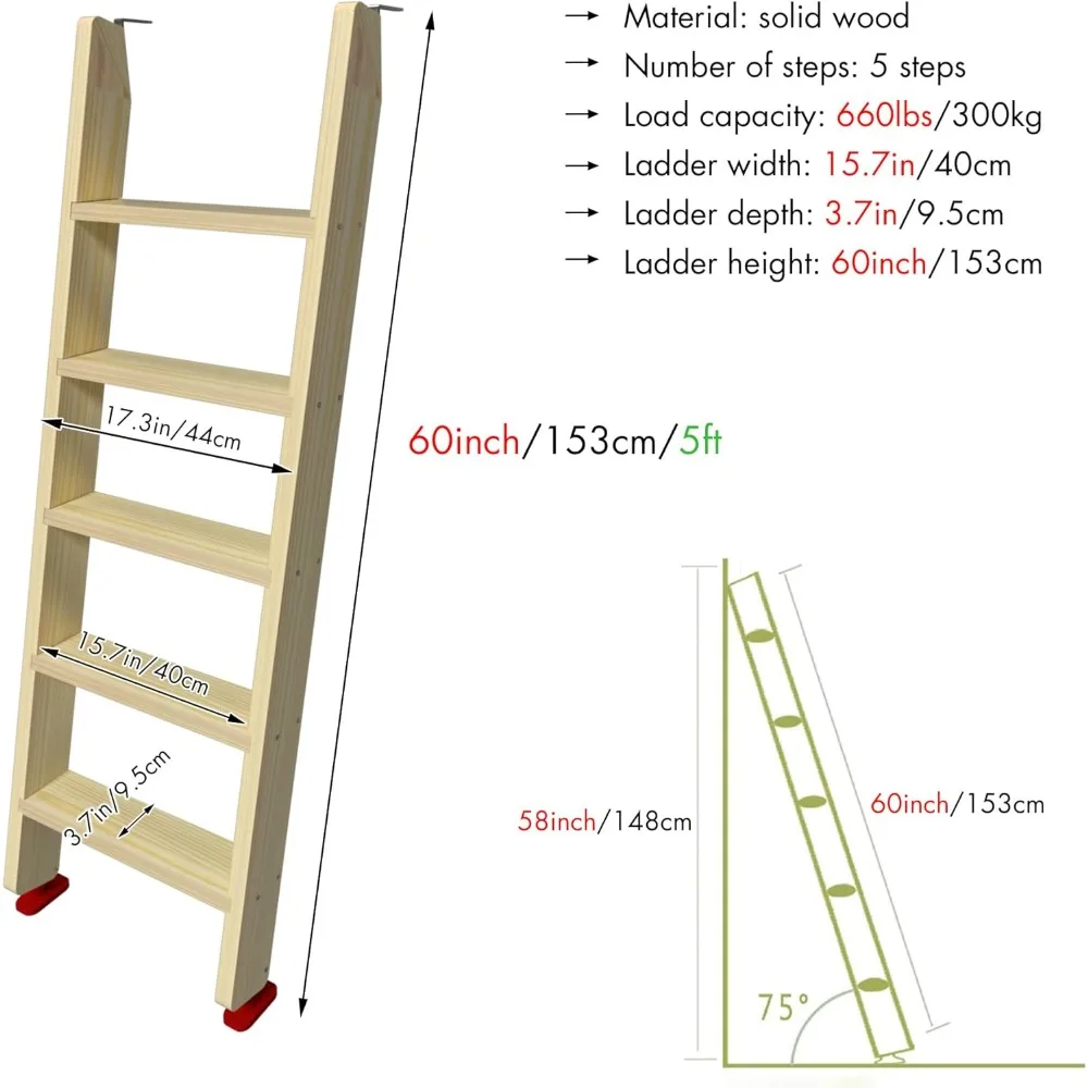 Czarna drewniana drabinka do łóżka piętrowego z bardzo szerokimi stopniami 10 cm, antypoślizgowe podkładki, do łóżka na pięterzu, akademika, kampera, kampera osobowego, łóżka kempingowego, zamiennik, 60 cali