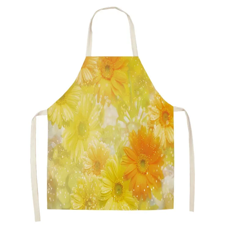 1 Pcs Floral Pattern Kitchen Aprons Woman Adult Kids Cotton Linen Bibs Home Cooking BBQ Apron Cleaning Accessory 55x68cm