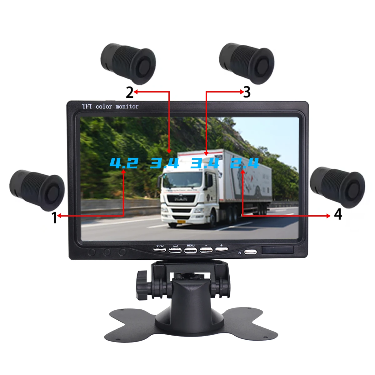 12V/24v Vehicle Car Reverse Aid 1080p AHD Blind Spot Aid Parking 2 Camera Monitor Kit System with Radar Sensor for Bus Truck