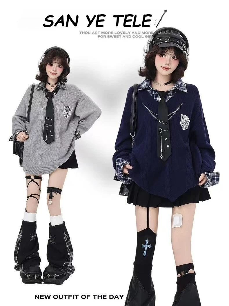 

Splicing Grid Collar Knitted Sweater Women Retro Y2k Autumn Winter Loose Casual Top，False Two Shirt Pullover，There Gift Tie