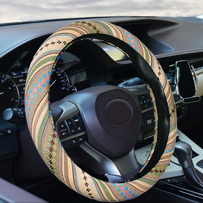 Car Steering Wheel Cover 38cm Universal Elastic National Wind Linen Car Steering Wheel Cover Breathable Non-slip Car Accessories