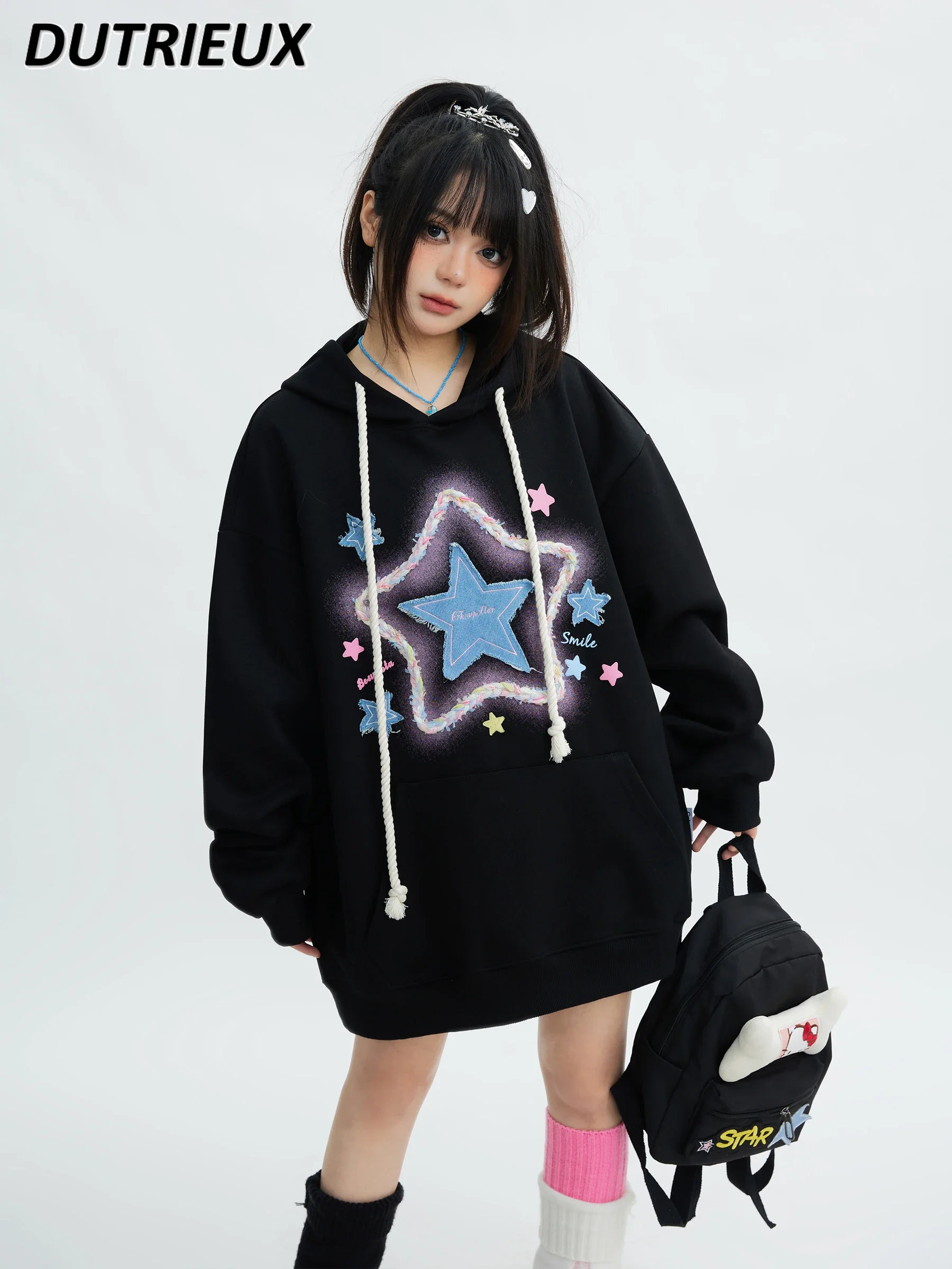 

Hip Hop Embroidered Star Japanese Hooded Sweatshirt Women's Autumn Winter New Couple Coat Student Loose Oversized Hoodies Coat