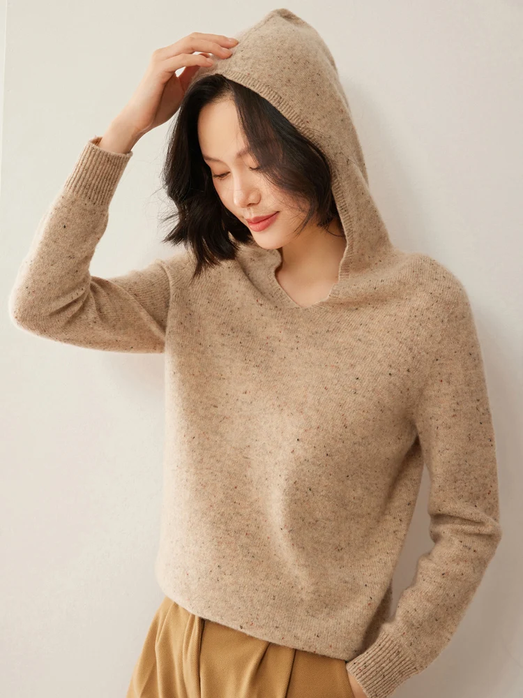 

Простой женский свитер, осенне-зимний пуловер с капюшоном, 100% шерсть, вязаный пуловер с длинными рукавами, теплая повседневная трикотажная толстовка из пряжи в горошек, топ