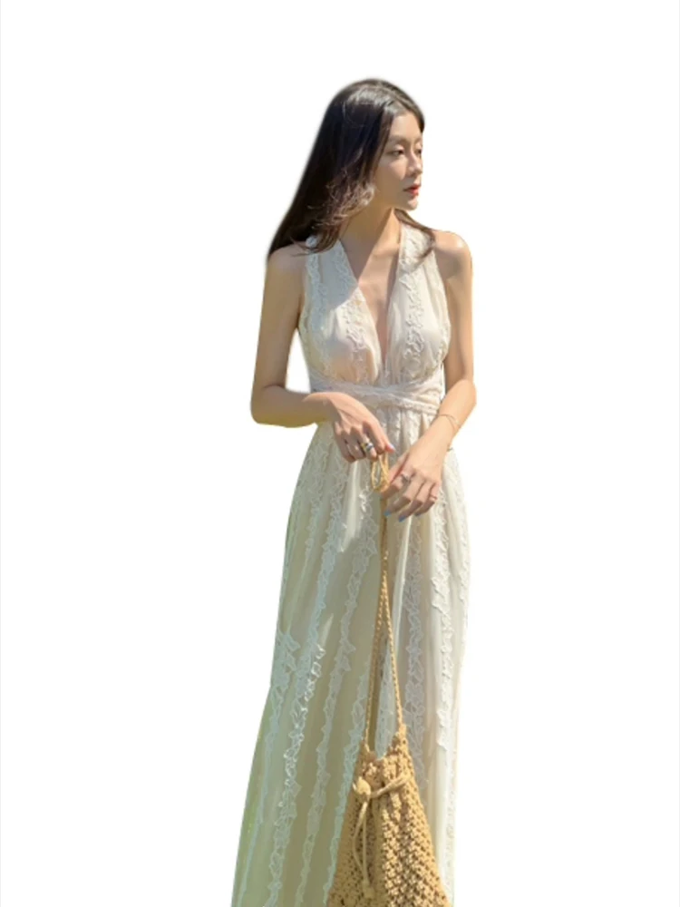 Apricot Jumpsuit Women Embroidery Lace Clothing V Neck Elegant Sleeveless Long Rompers Lady Jump Suit Summer Vacation