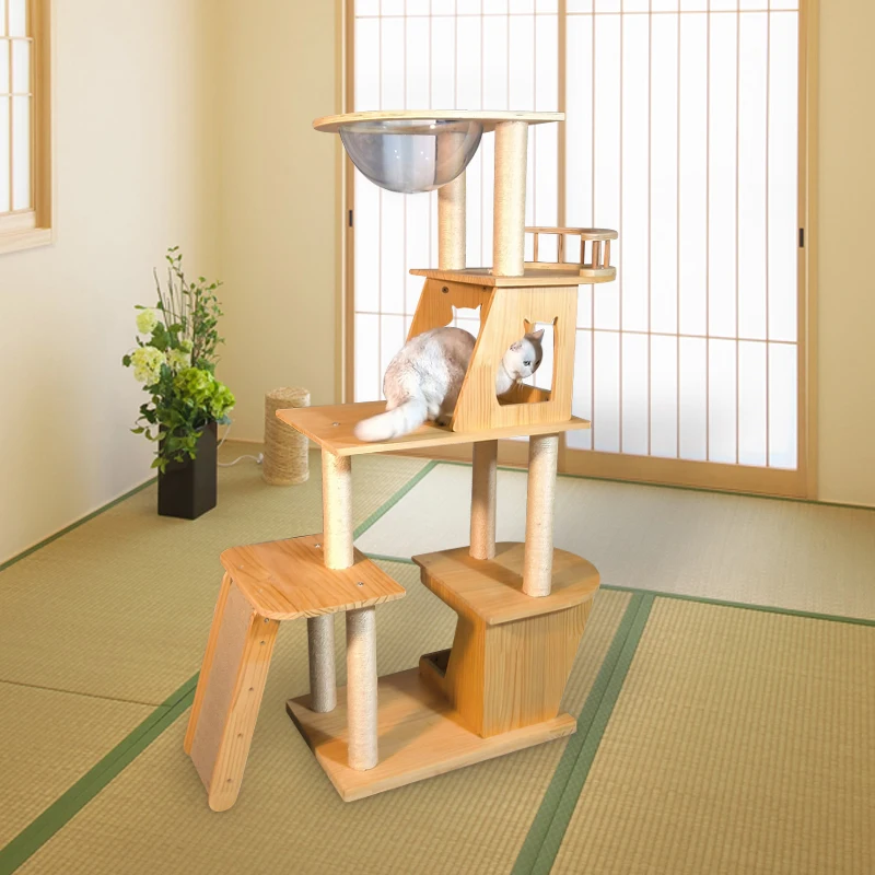 

Modern White Wooden Cat Tree Tower Eco-Friendly Scratching and Climbing Furniture for Playful Cats Custom Model
