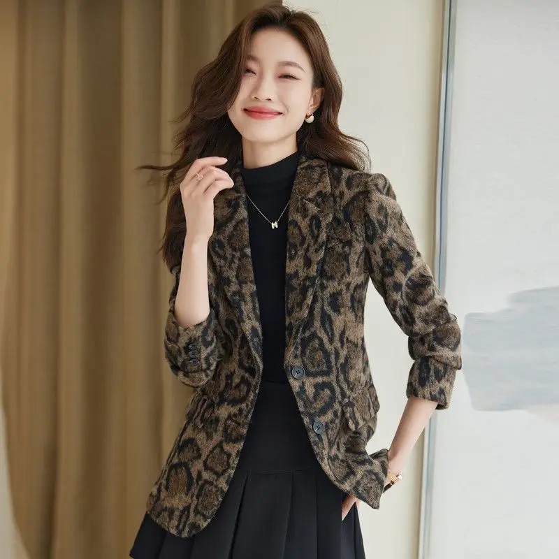 Leopard Print Woolen Suit Jacket for Women New Style with Thickened and High-end Feel Western-style Women's Suit