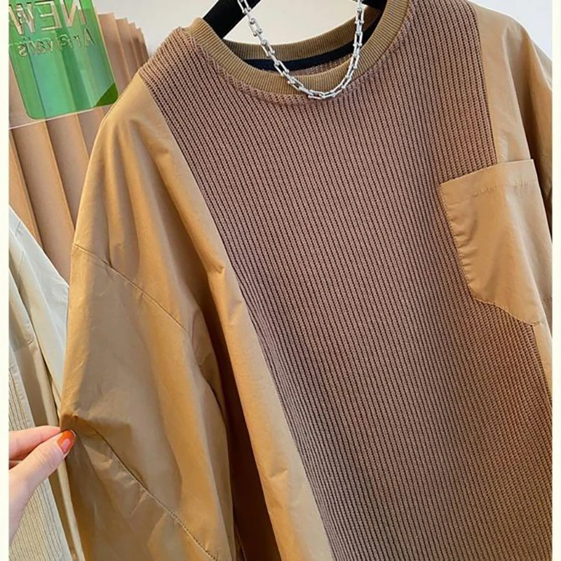 Spring Men O Neck Long Sleeve Sweatshirts Spliced Pocket Loose Fashion Chic Casual 2xl Oversized Clothing Unisex Coffee Apricot