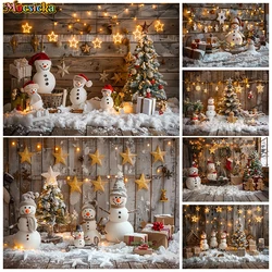 Mocsicka Christmas Snowman Backdrop Golden Pentagram Gifts Baby Xmas Tree Wood Wall Background Photography Shooting Decor Studio