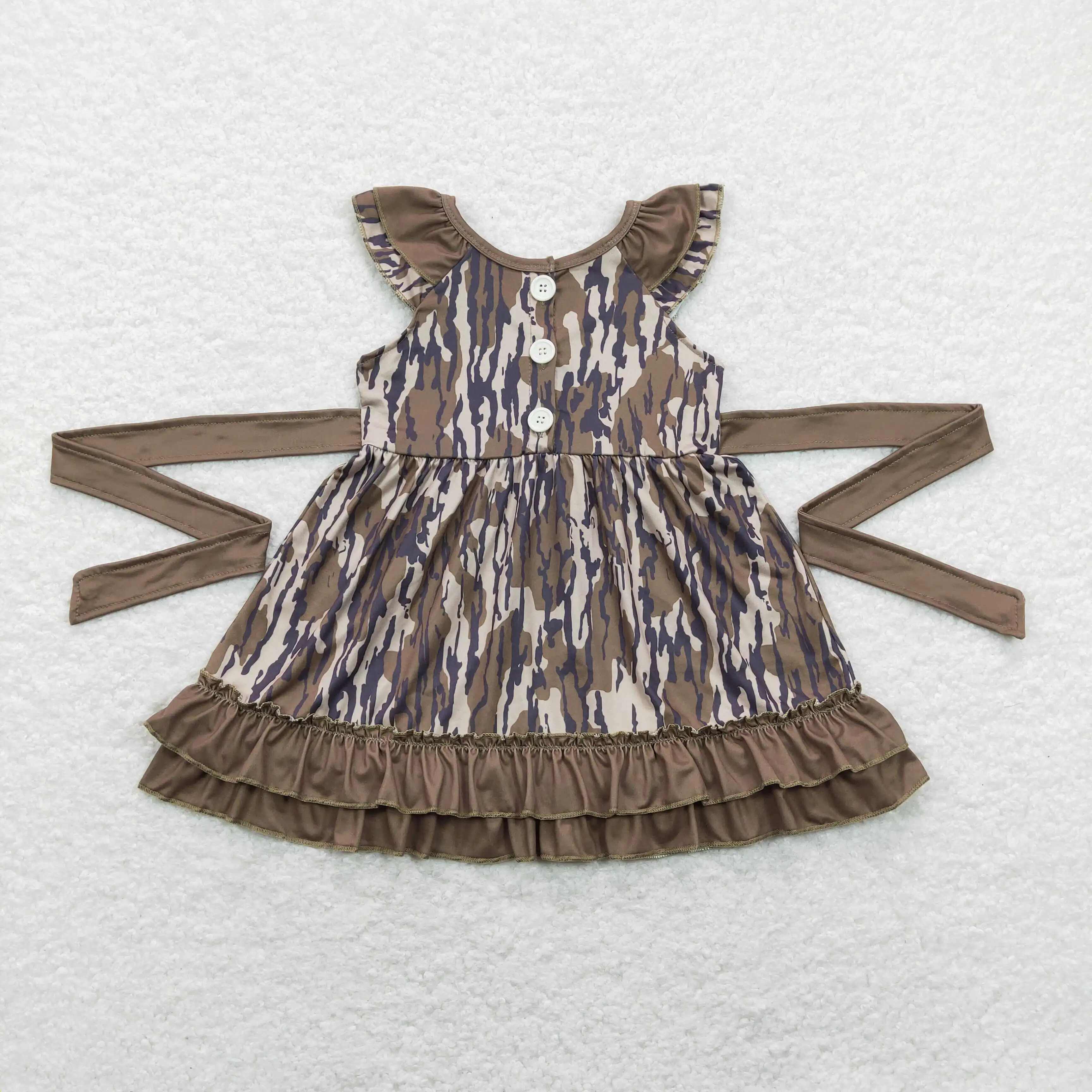 

GSD0782 baby dresses Army green camouflage lace belt flying sleeve dress Wholesale kids clothes girls summer dress