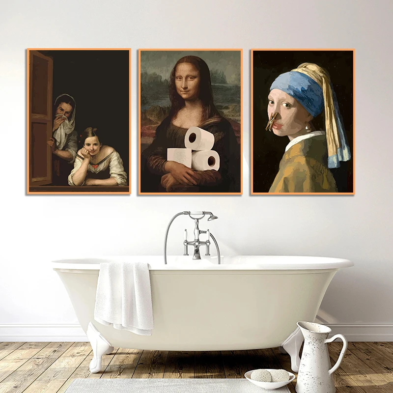 Funny Bathroom Toilet Painting Mona Lisa Wearing Pearls Girl with Roll Paper Canvas Prints Posters For Washroom Home Wall Decor