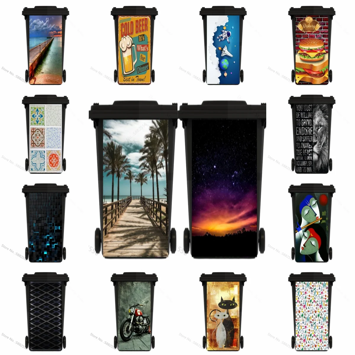 Coconut Tree Starry Sky Trash Can Sticker Removable Waterproof Outdoor Animal Astronauts Wheeled Trash Can Decorative Sticker
