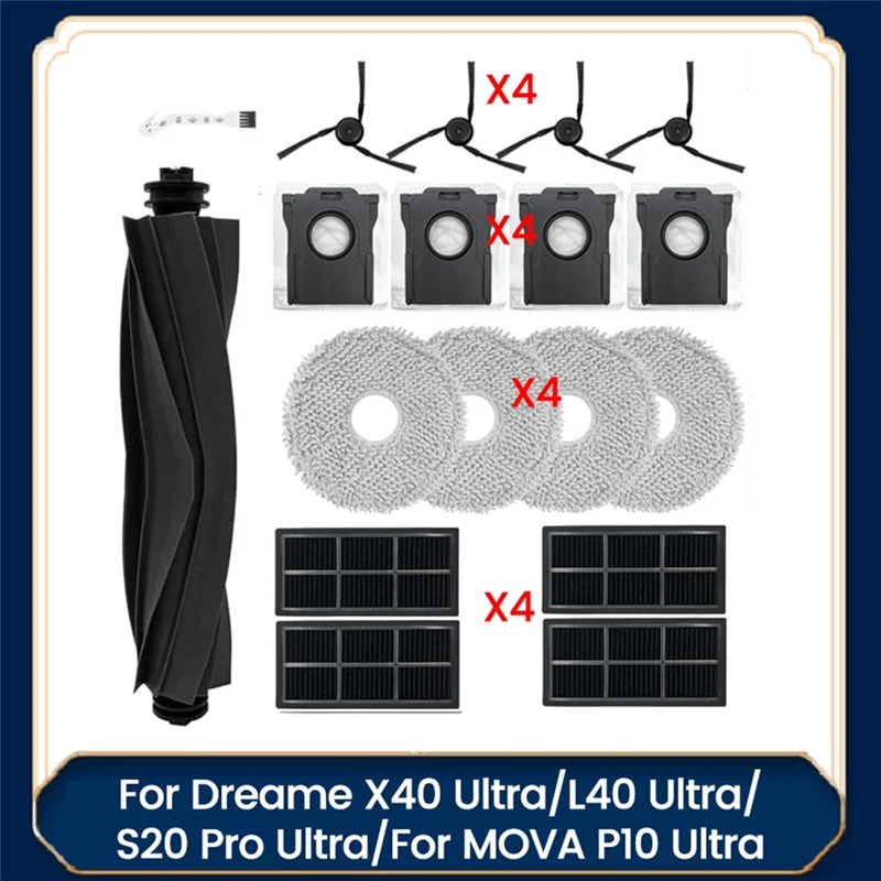 ABVI-For Dreame X40 Ultra/L40 Ultra/S20 Pro Ultra/MOVA P10 Ultra Vacuum Cleaner Accessories Filter Side Brush Dust Bag Mop Pads