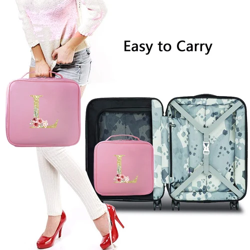 Imagen 2 del producto Estampado de letras doradas y estuche rosa con divisor ajustable, bolsa de maquillaje de viaje, organizador de maquillaje portátil profesional grande