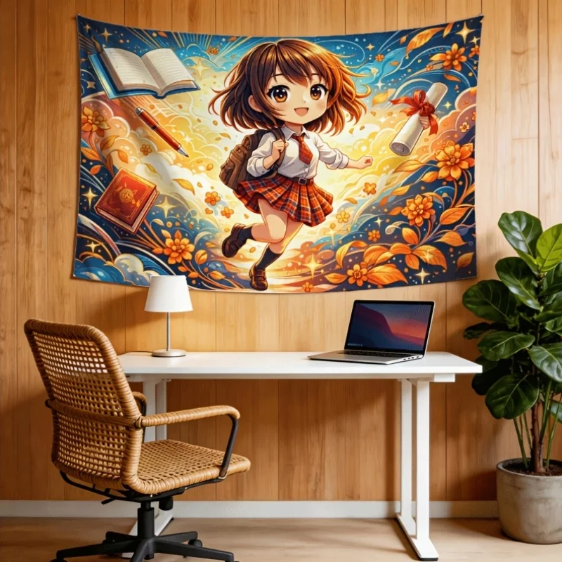 Cute School Girl Tapestry, Anime Student Wall Hanging Magic Book & Pen Art, Kawaii Study Room Decor Autumn Orange Aesthetic Gift