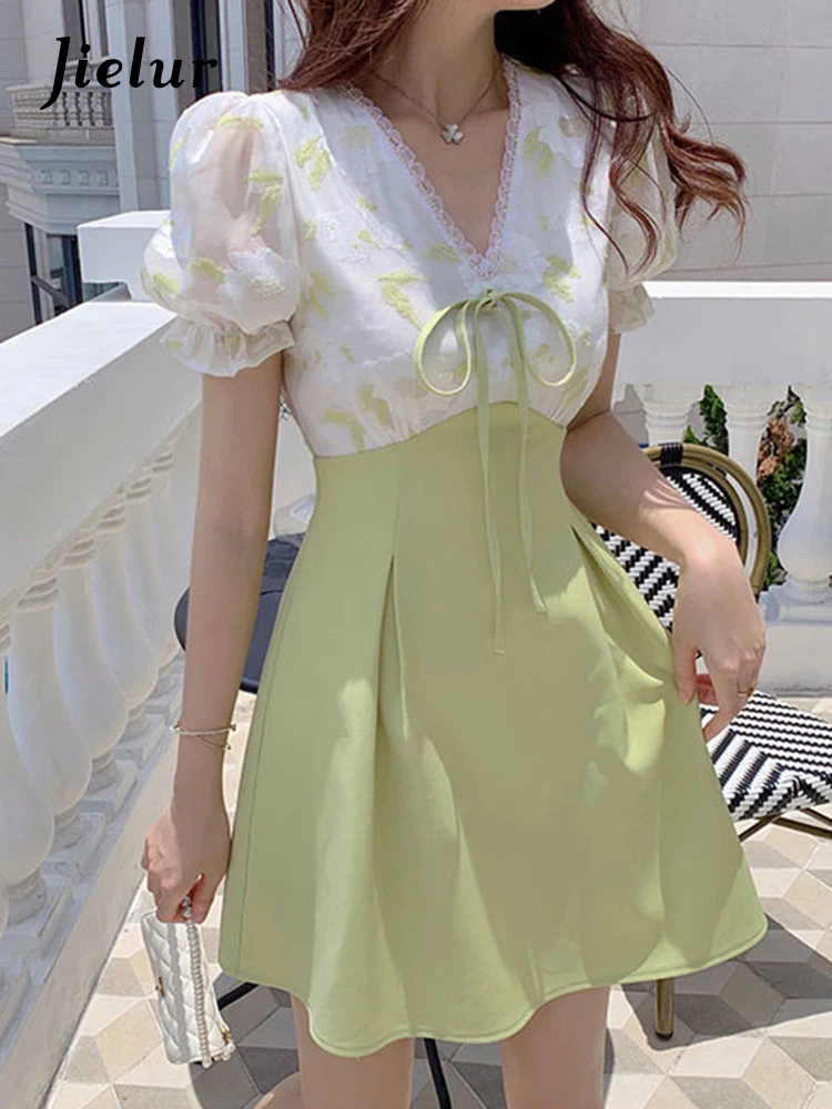 Jielur 2022 estate elegante abito floreale stampa donna dolce carino abito da sera Mini abiti stile manica a sbuffo abbigliamento da spiaggia Boho