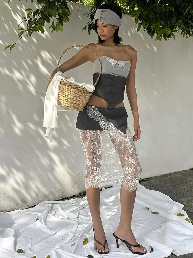 Nibber Hottie Patchwork 2-Teiliges Set Frauen Trägerlosen Taste Unregelmäßigen Saum Top + Spitze Jacquard Rock Sexy Dünne Mode outfits