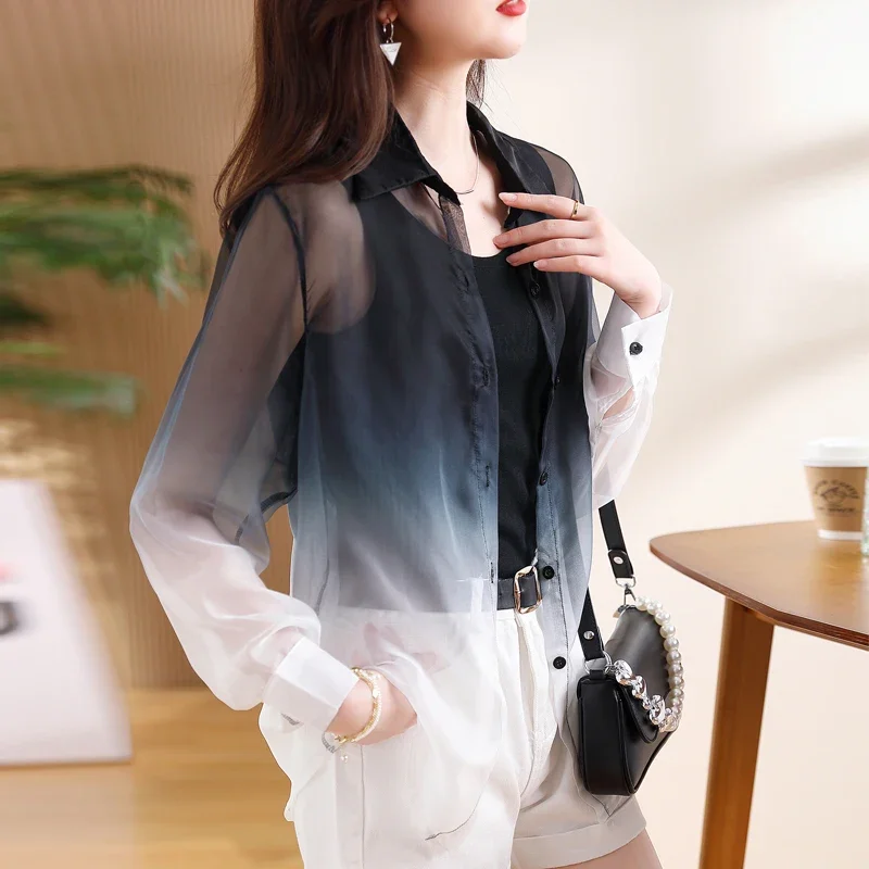 Summer Korean Loose Sun Protection Shirt Fashion Gradually Changing Color Shirts for Women Thin Cardigan Blouse Clothes 27055