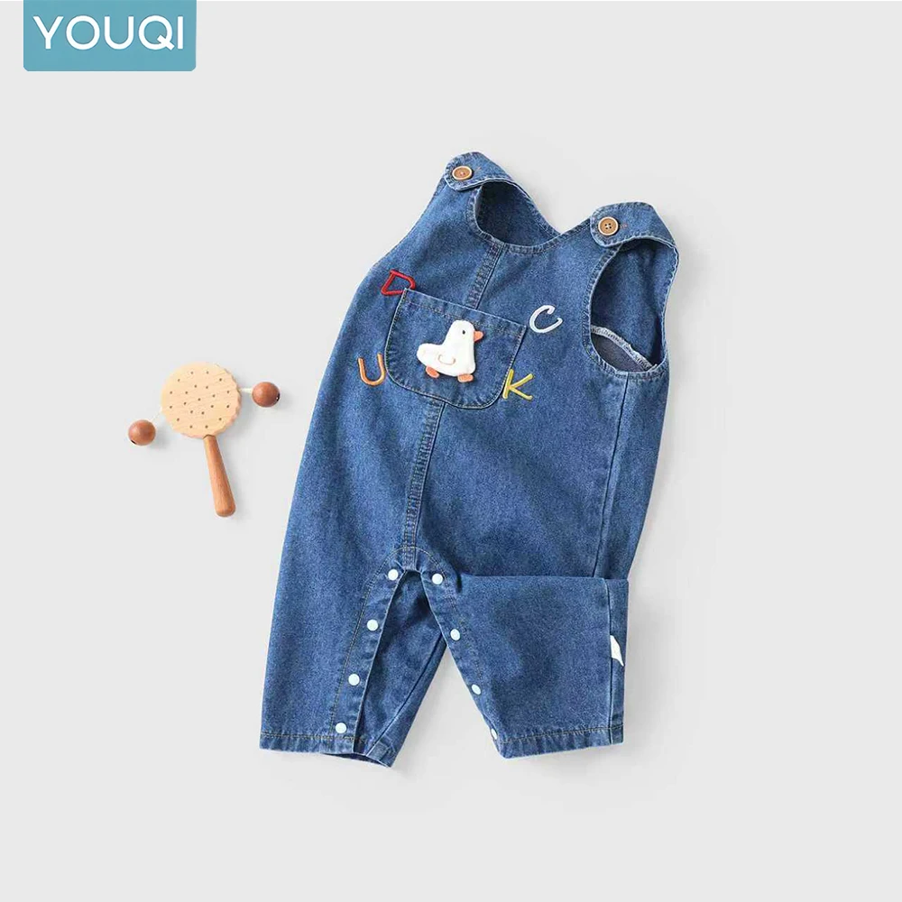 ملابس أطفال جديدة من قطعة واحدة من قماش الدنيم، بذلة أطفال لطيفة بعمر سنة واحدة، سراويل غير رسمية بسيطة ولطيفة