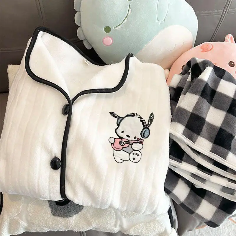 

Hello Kitty Ins Pajamas Cardigan Women Two Piece Set Coral Fleece Loungewear Autumn Winter Thick Warm Sanrio Cartoon Nightwear