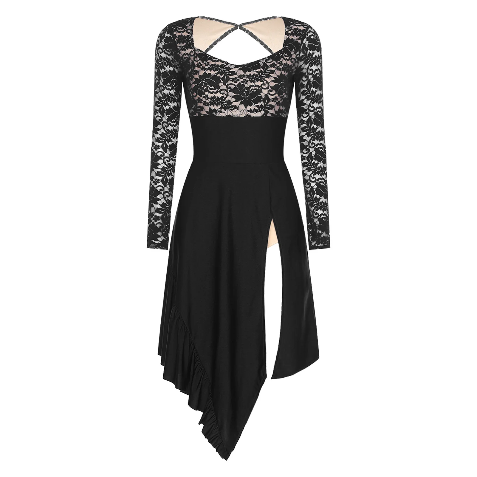 

Women Lyrical Latin Chacha Dance Dress Tango Ballroom Samba Rumba Dancing Dress Performance Costume With Floral Lace Long Sleeve
