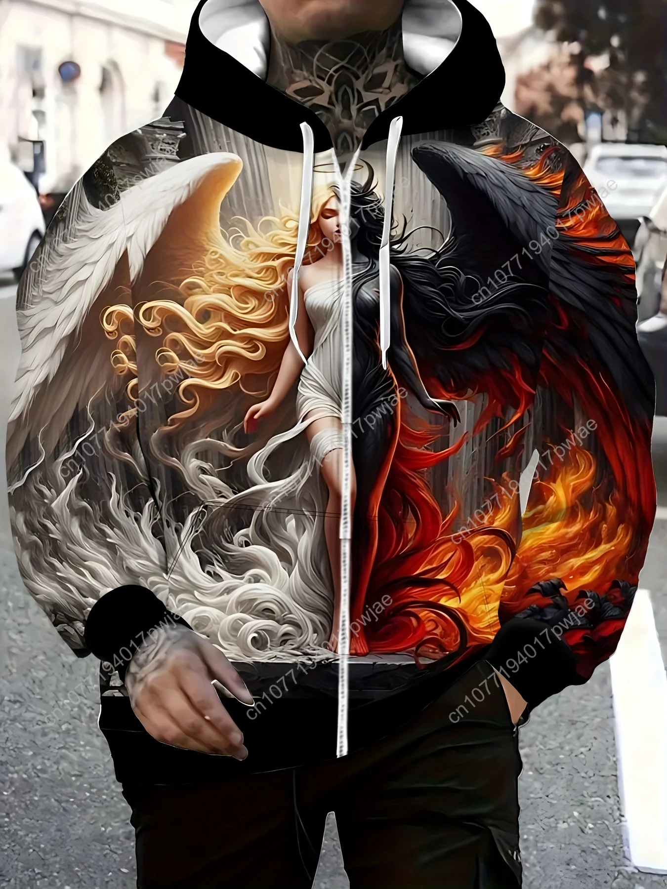 Moletom masculino com capuz com estampa de anjos e demônios, jaqueta casual de manga comprida com zíper e cordão e bolsos, 100% poliéster kn