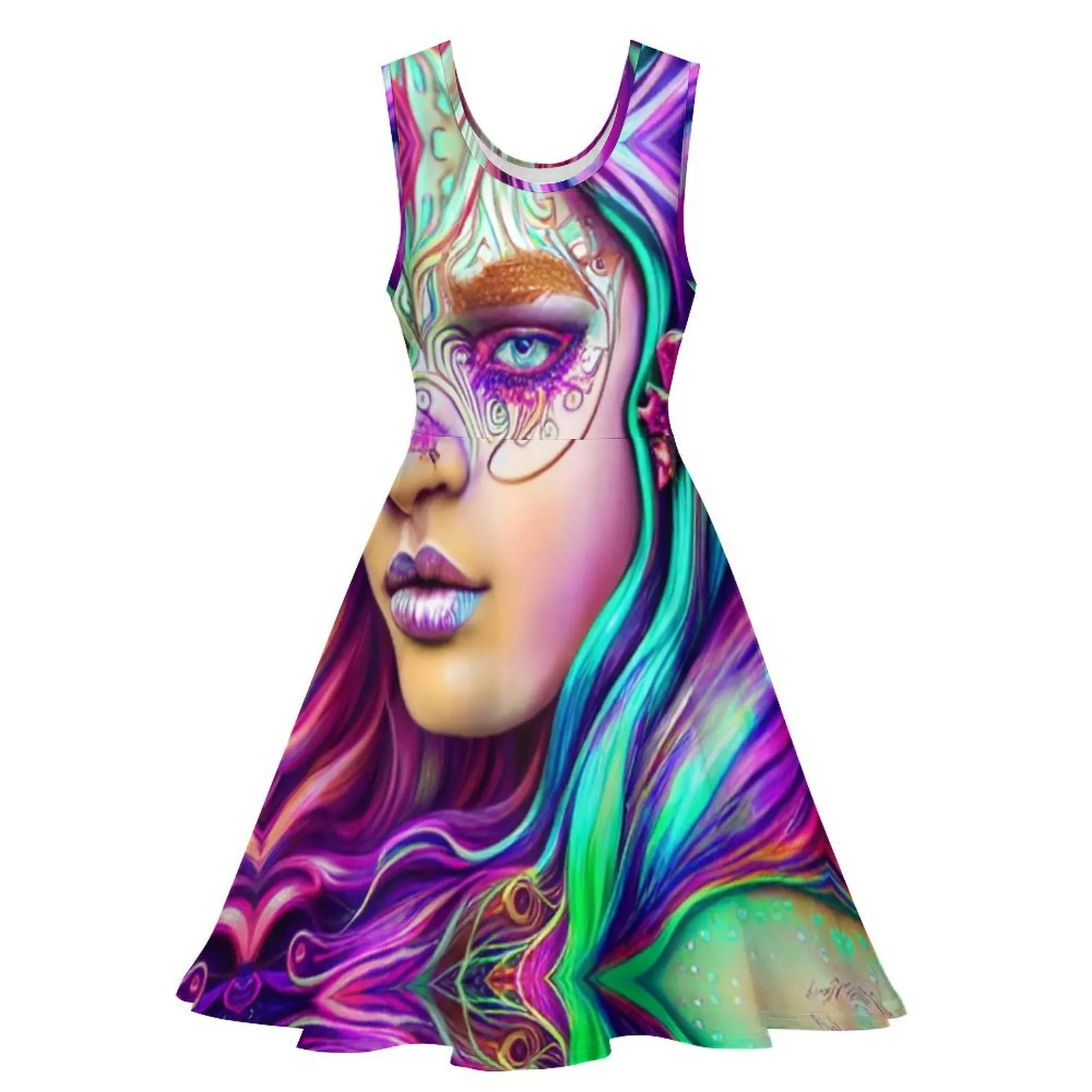 Tribal Lady Face Paint Dress High Waist Pop Art Streetwear Dresses Summer Woman Big Size Boho Graphic Skate Dress