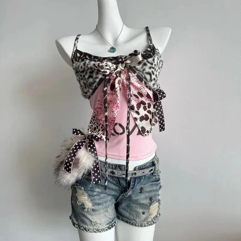 

American Harajuku Hottie Camisole Subculture Leopard Patchwork Bow Halter Vest Y2K Aesthetic Letter Print Tanks Women's Slim Top
