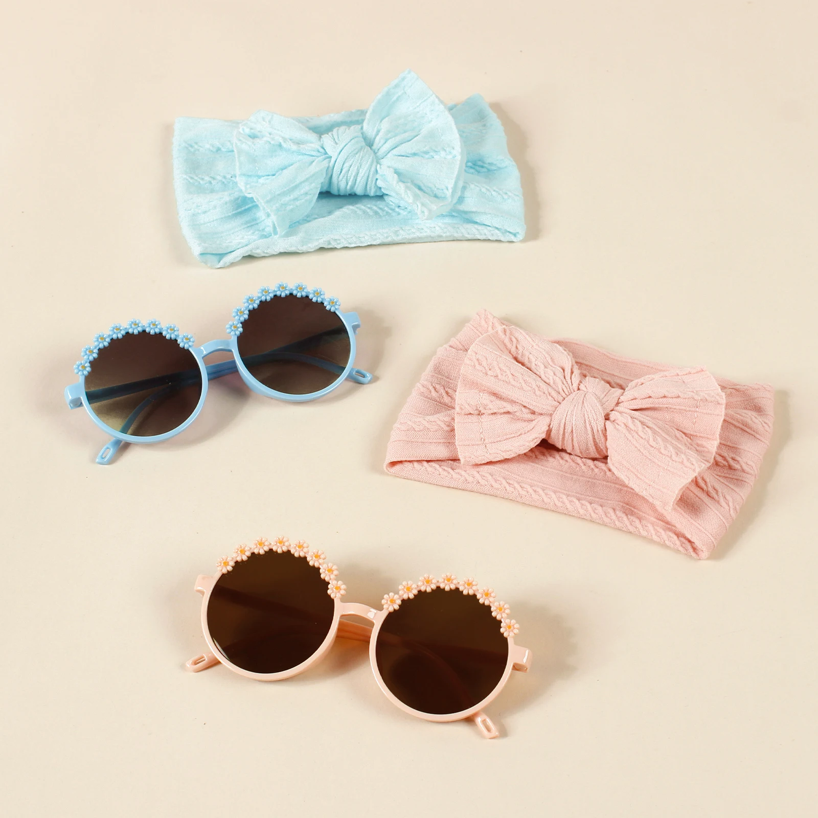 2pcs Kids Beach Round Frame Sunglasses Children Outdoor Hair Accessories Girls Jacquard Bow Headband Fashion Glassess Set