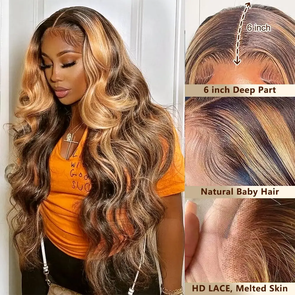 P4/27 하이라이트 바디 웨이브 13x6 레이스 프론탈 가발 인모 40 30인치 옴브레 브라운 컬러 가발 브라질리언 헤어 가발 허니 블론드