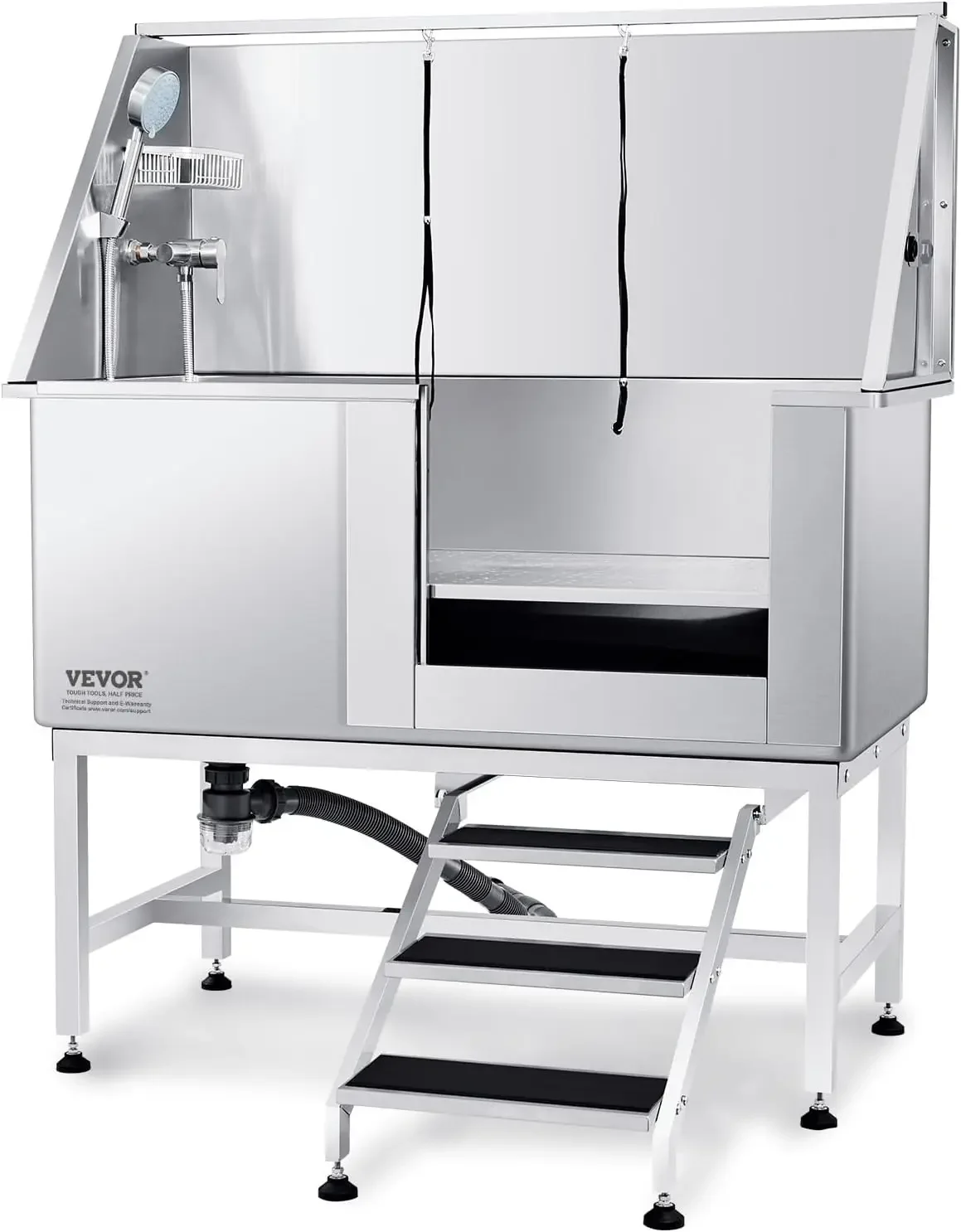 

50" Pet Dog Bathing Station w/Stairs, Professional Stainless Steel Dog Grooming Tub w/Soap Box, Faucet,Rich Accessory