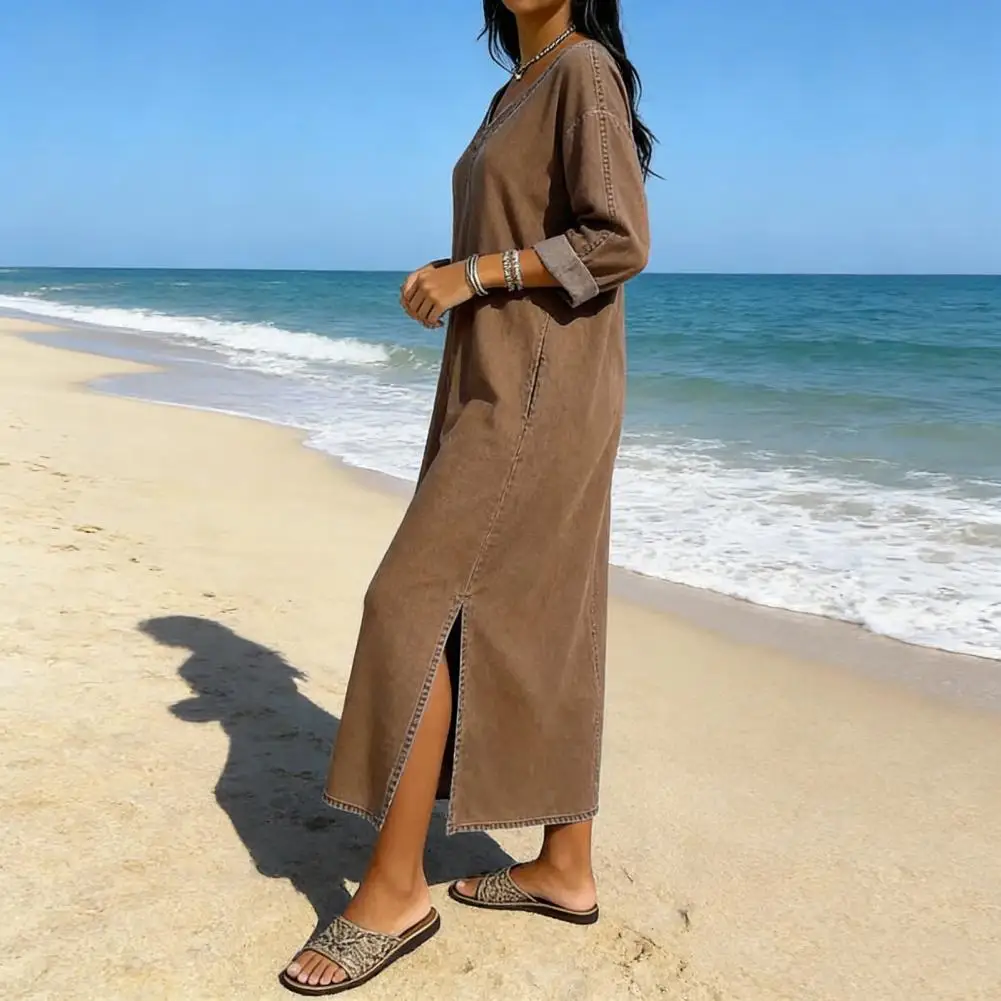 

Women's Faux Denim Maxi Dress V Neck 3/4 Sleeve Loose Long Dress Casual Summer Beach Vacation Sundress Elegant Women Slimming