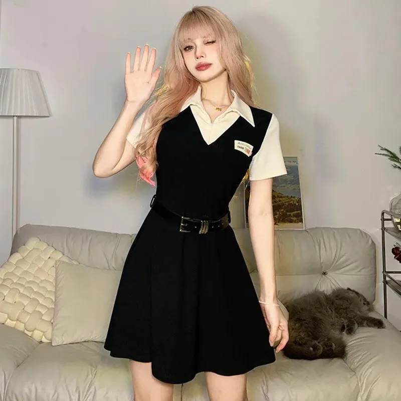 

Sweet Preppy Short Sleeve Dress Women Summer Korean Black Patchwork Slim Lapel A Line Dress Fashion Streetwear Casual Dress