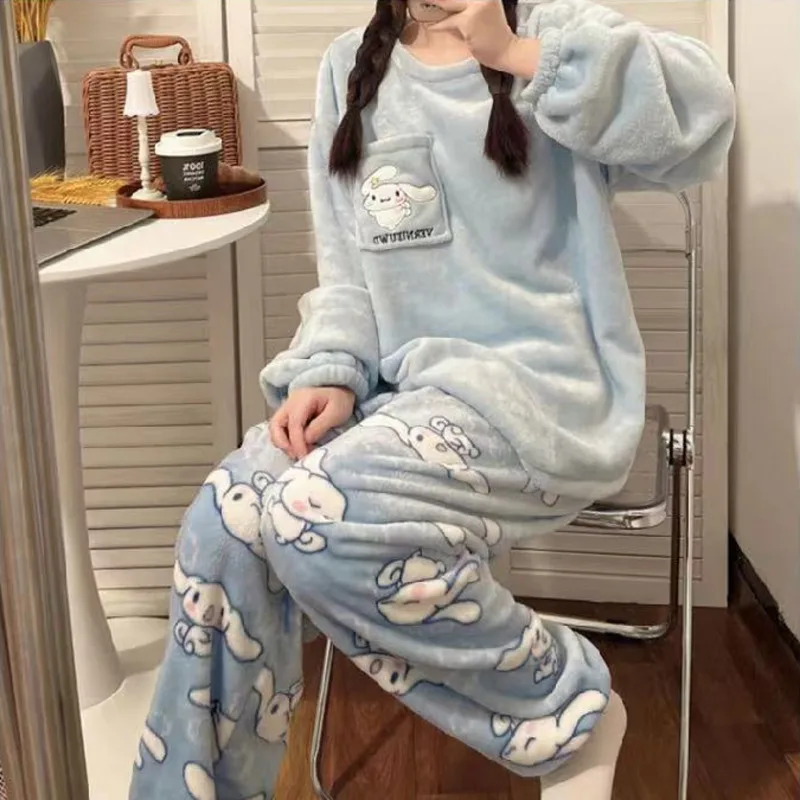 Sanrio Cinnamoroll Winter Women Coral Fleece Pajamas Thickened Loose Casual Cartoon Home Suit Set Y2k Sweet Girl Trend Sleepwear