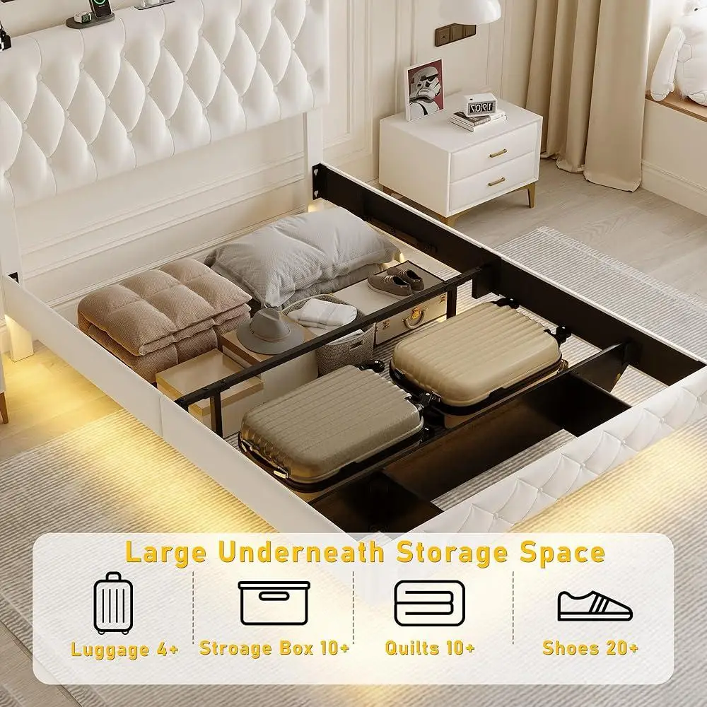 Lift Up Storage Bed Frame Queen Floating Frame Adjustable Headboard LED Lights Charging Station Outlet USB Port Velvet