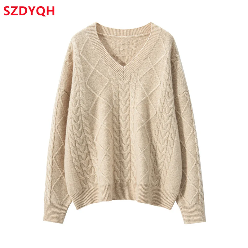 2023 Winter New 100% Cashmere Sweater V-neck Solid Color Women\'s Thicken Warm Pullover Female Loose Large Size Knitted Jumper