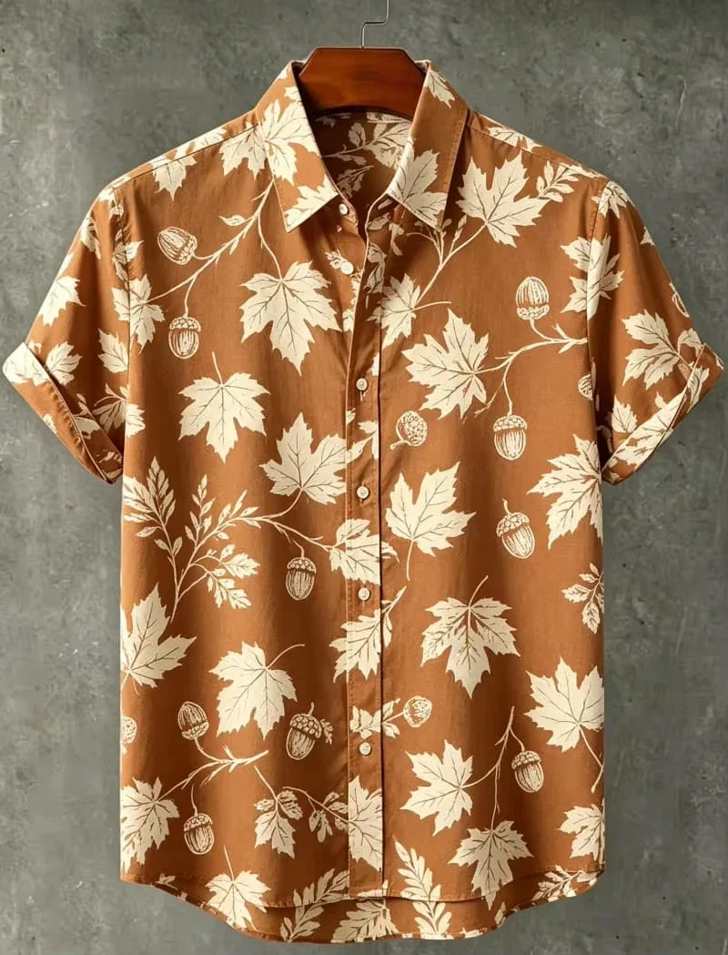 Four Season Versatile and Simple Floral Print Shirt with Low Saturation Sketching Floral Leaves Youth Loose Short Sleeved Shirt