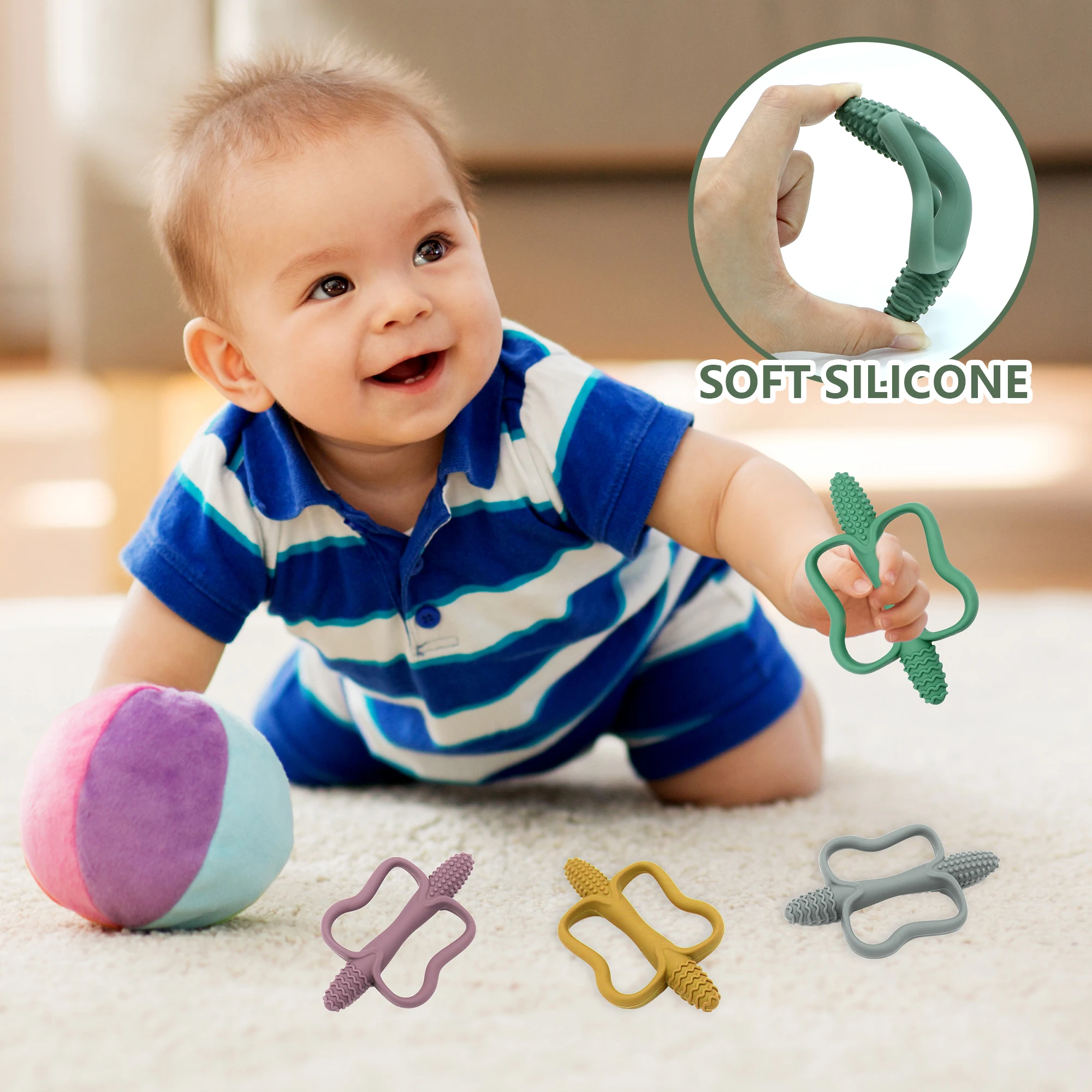 Brinquedos de dentição para bebês com alças fáceis de segurar, brinquedos de dentição de silicone de qualidade alimentar, adequados para bebês de 0 a 6 meses, 6 a 12 meses