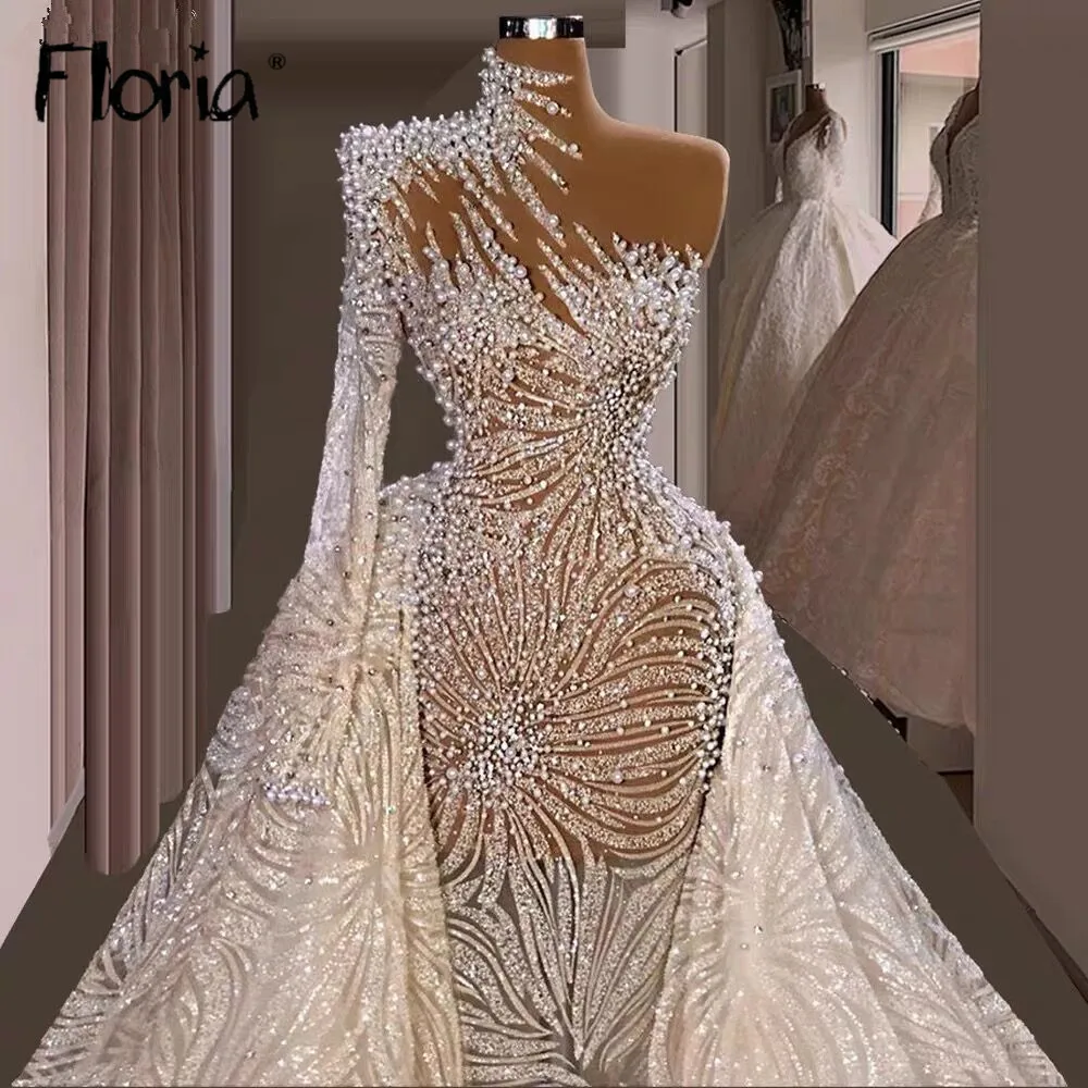 

Luxury White Pearls Wedding Dress with Detachable Train Long SLeeve Customized Elegant Crystals Bridal Gowns Vestido De Noiva