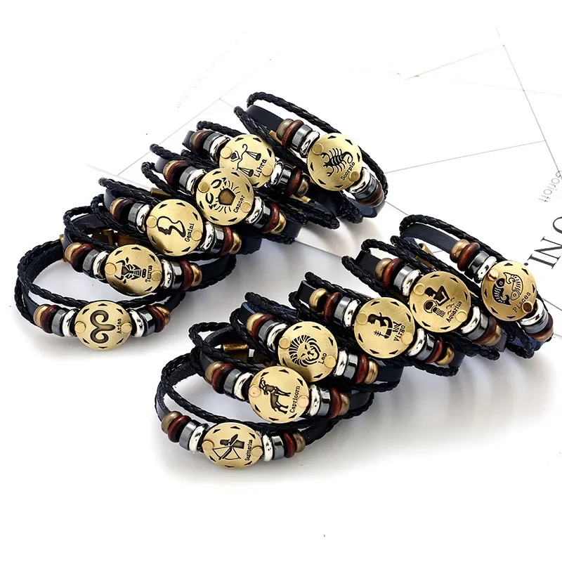 12 Zodiac Charm Signs Constellation Bracelet Men Women Fashion Multilayer Weave Leather Bracelet & Bangle Birthday Gifts
